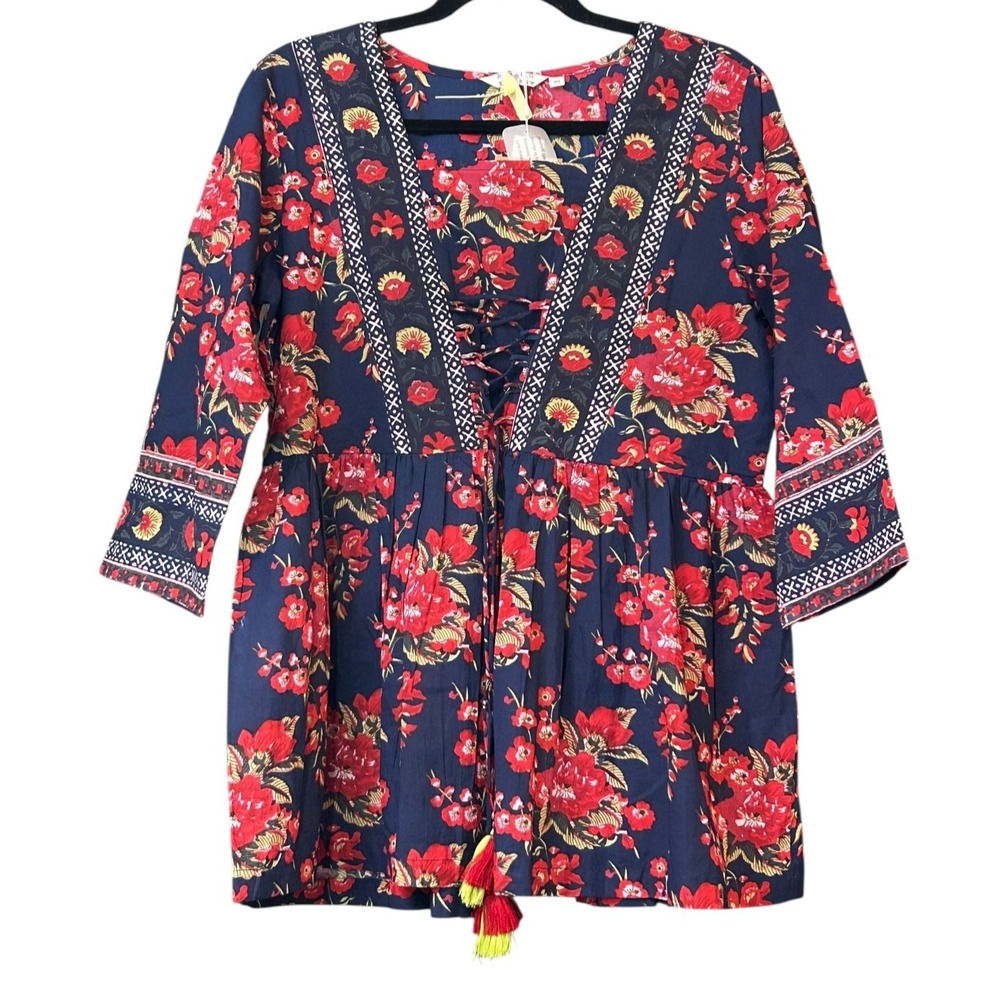 Rain & Rainbow Blouse Womens Size XL Blue with Multicolor Floral Top NWT